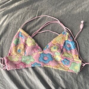 SHEIN Pink Multicolor Fuzzy Floral Crop Bralette